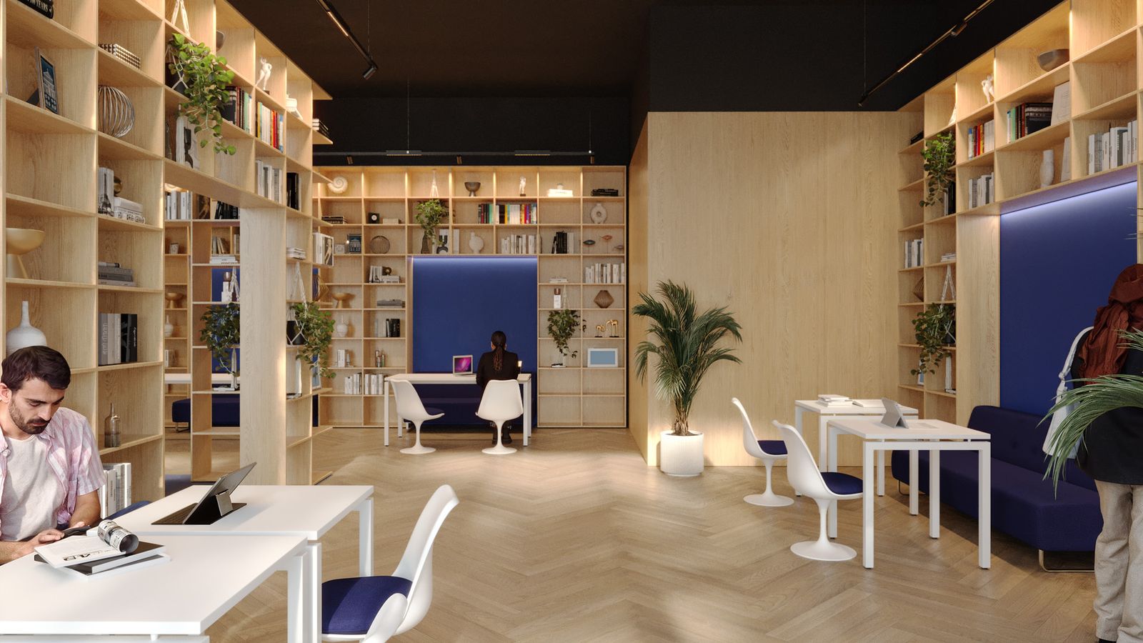 Coworking-Lounge mit Bibliothek